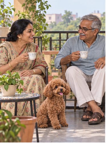 Illustration of people spending time with a Toy Poodle at home or outdoors