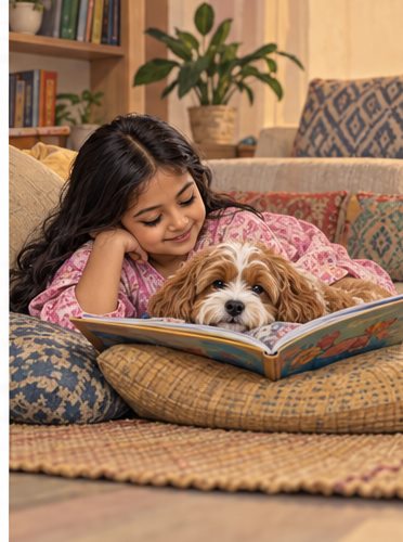 AI-generated illustration of a child beside an apricot-and-white dog behind an open book on sofa cushions