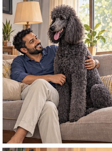 Illustration of people spending time with a Giant Poodle at home or outdoors