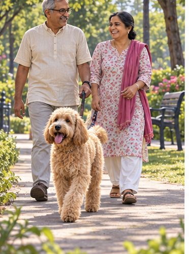 Illustration of people spending time with a Goldendoodle at home or outdoors