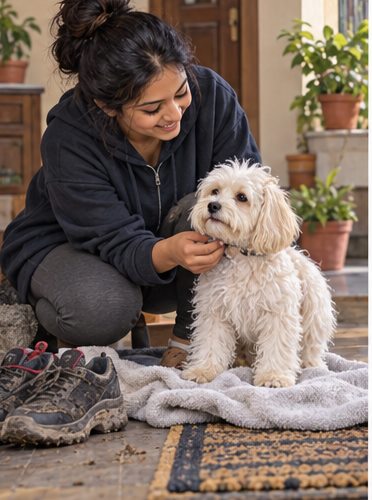 A woman crouches beside a small dog resting on a cushion.