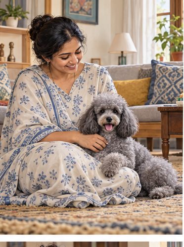 Illustration of people spending time with a Miniature Poodle at home or outdoors