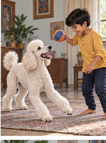 Illustration of people spending time with a Standard Poodle at home or outdoors