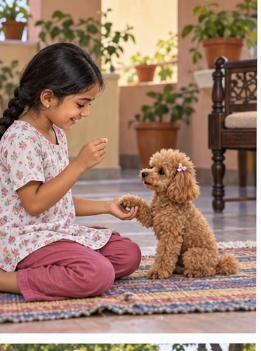 Illustration of people spending time with a Toy Poodle at home or outdoors