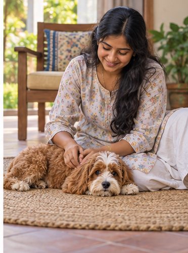 AI-generated illustration of a woman seated beside an apricot-and-white dog lying on a woven rug, with a chair and plants behind them