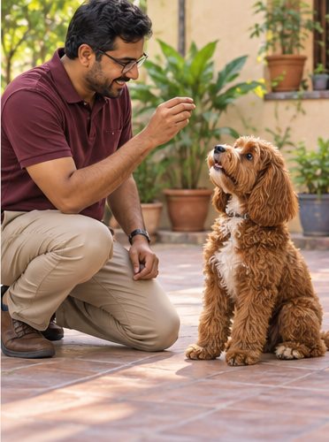 Illustration of people spending time with a Cockapoo at home or outdoors