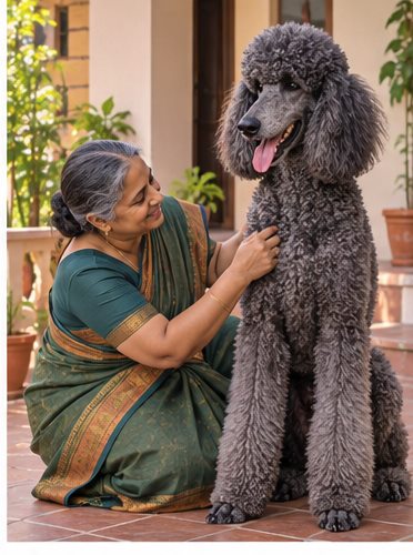 Illustration of people spending time with a Giant Poodle at home or outdoors