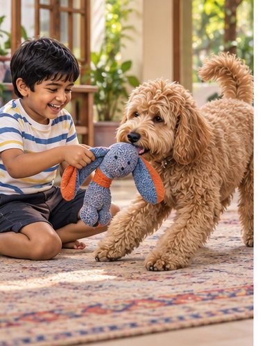 Illustration of people spending time with a Goldendoodle at home or outdoors