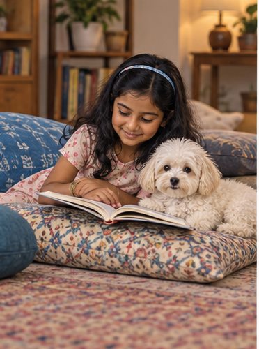 A woman reads on a sofa beside a small white dog.