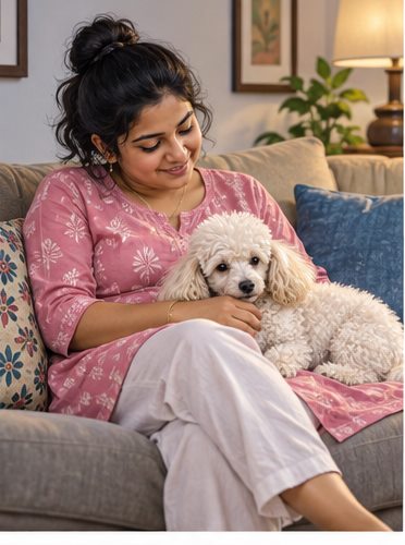 Illustration of people spending time with a Miniature Poodle at home or outdoors