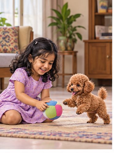 Illustration of people spending time with a Toy Poodle at home or outdoors