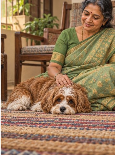 AI-generated illustration of a woman in a green sari stroking an apricot-and-white dog lying on a patterned rug beside a chair
