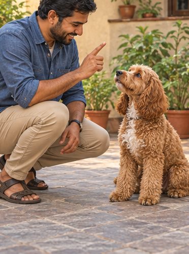Illustration of people spending time with a Cockapoo at home or outdoors