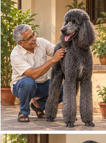 Illustration of people spending time with a Giant Poodle at home or outdoors