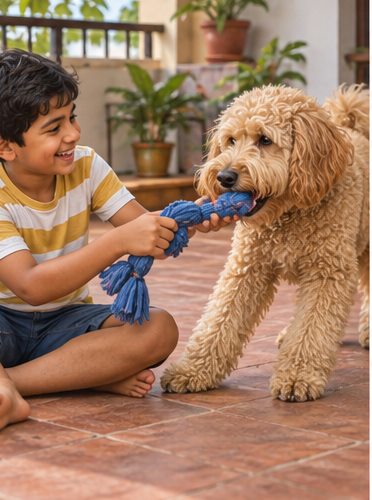 Illustration of people spending time with a Goldendoodle at home or outdoors
