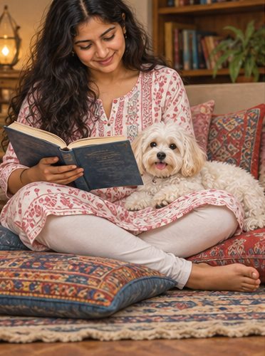 A woman reads on the floor as a small dog rests beside her.