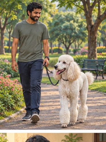 Illustration of people spending time with a Standard Poodle at home or outdoors