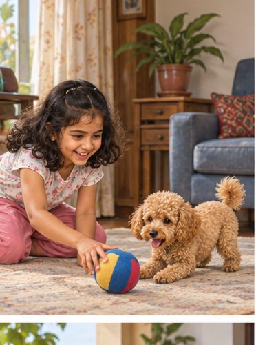 Illustration of people spending time with a Toy Poodle at home or outdoors