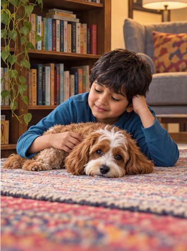 AI-generated illustration of a boy in a blue top petting an apricot-and-white dog lying on a patterned rug