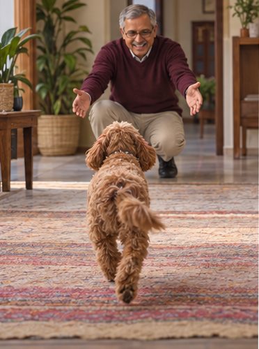 Illustration of people spending time with a Cockapoo at home or outdoors