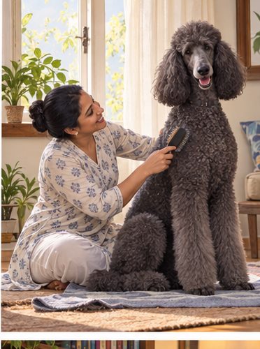 Illustration of people spending time with a Giant Poodle at home or outdoors