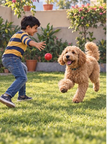 Illustration of people spending time with a Goldendoodle at home or outdoors