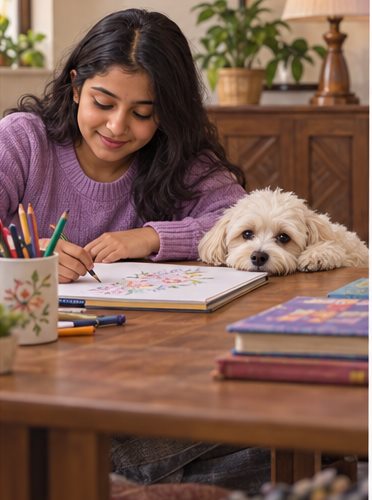 A woman writes at a table while a small dog rests beside her.