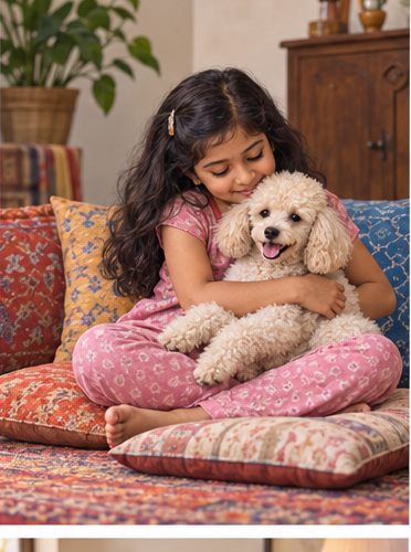 Illustration of people spending time with a Miniature Poodle at home or outdoors