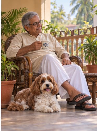 AI-generated illustration of a man seated outdoors with an apricot-and-white dog lying near his feet