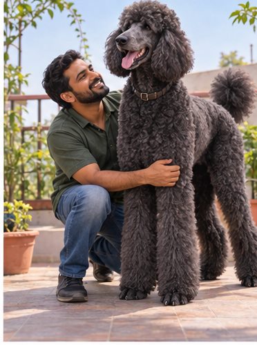 Illustration of people spending time with a Giant Poodle at home or outdoors