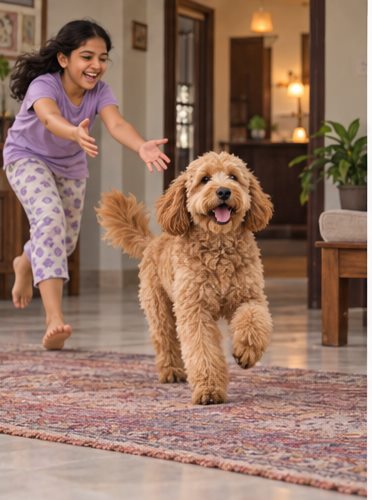 Illustration of people spending time with a Goldendoodle at home or outdoors