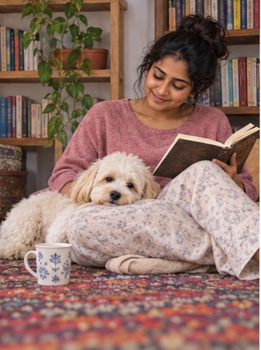 A woman reads on a sofa with a small dog resting beside her.