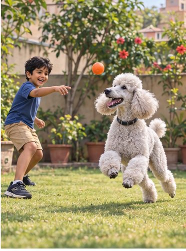 Illustration of people spending time with a Standard Poodle at home or outdoors