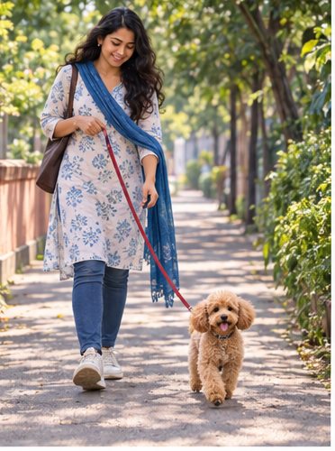 Illustration of people spending time with a Toy Poodle at home or outdoors