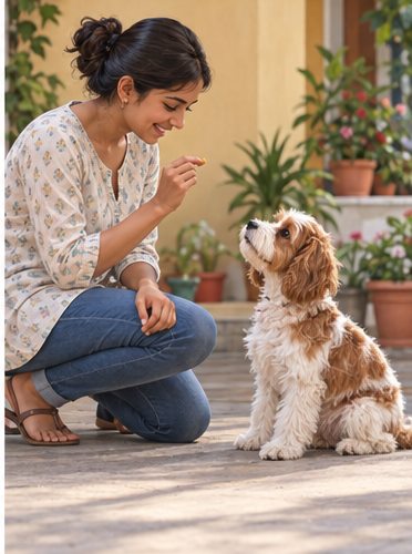 AI-generated illustration of a woman crouching outdoors beside an apricot-and-white dog sitting in a courtyard