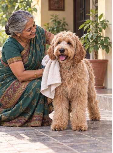 Illustration of people spending time with a Goldendoodle at home or outdoors