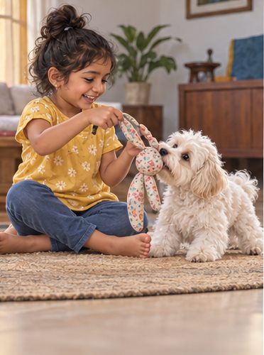 A child sits on a rug and pets a small fluffy dog.