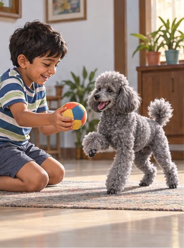 Illustration of people spending time with a Miniature Poodle at home or outdoors