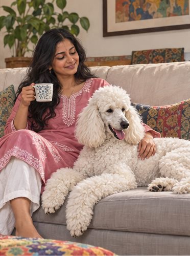 Illustration of people spending time with a Standard Poodle at home or outdoors