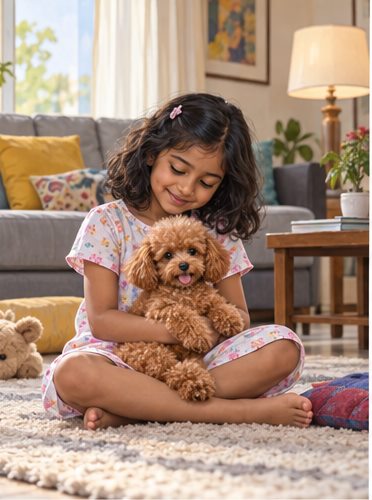 Illustration of people spending time with a Toy Poodle at home or outdoors