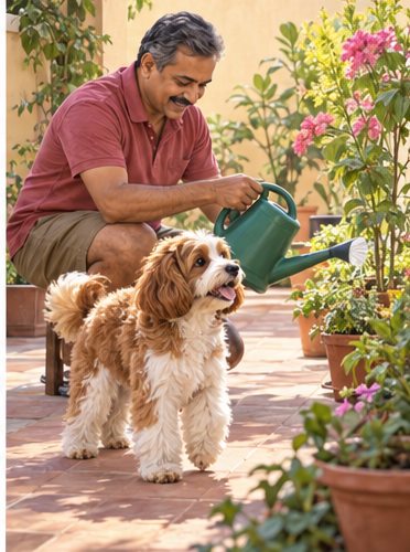 AI-generated illustration of a woman crouching outdoors as an apricot-and-white dog sits beside her in a courtyard
