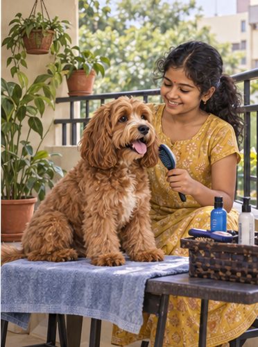 Illustration of people spending time with a Cockapoo at home or outdoors