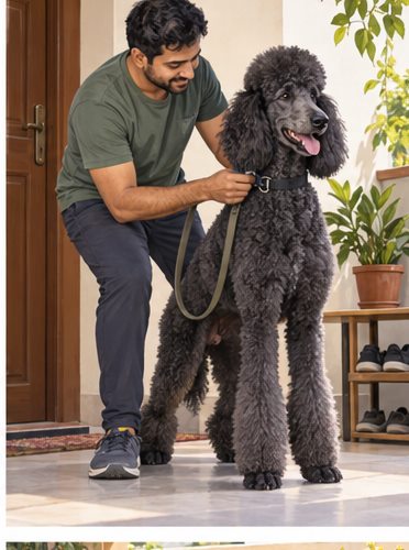 Illustration of people spending time with a Giant Poodle at home or outdoors