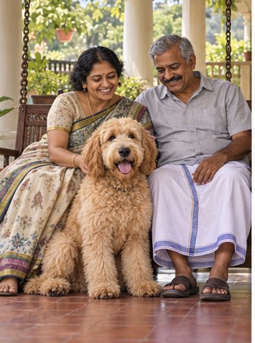 Illustration of people spending time with a Goldendoodle at home or outdoors