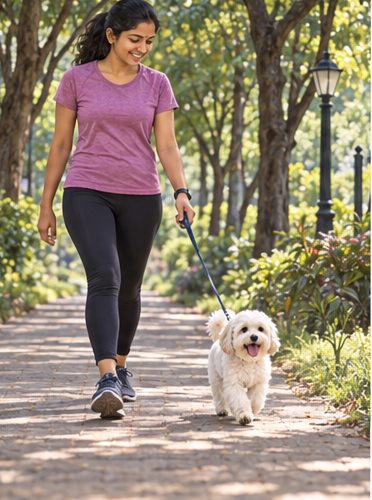 A woman walks with a small dog along a tree-lined path.