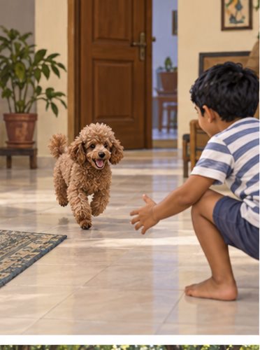 Illustration of people spending time with a Miniature Poodle at home or outdoors