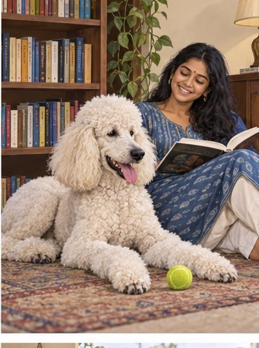 Illustration of people spending time with a Standard Poodle at home or outdoors
