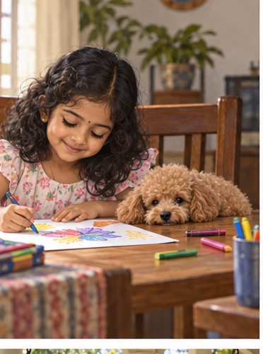Illustration of people spending time with a Toy Poodle at home or outdoors