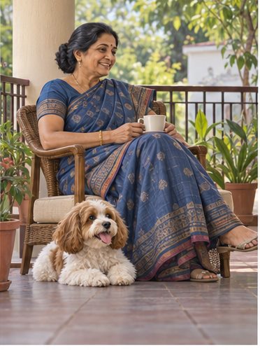 AI-generated illustration of a seated woman holding a cup with an apricot-and-white dog lying beside her outdoors