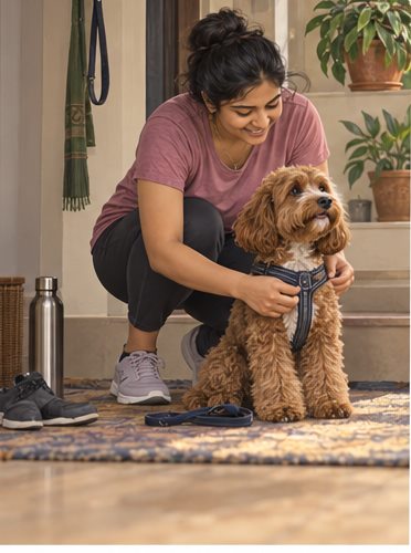 Illustration of people spending time with a Cockapoo at home or outdoors